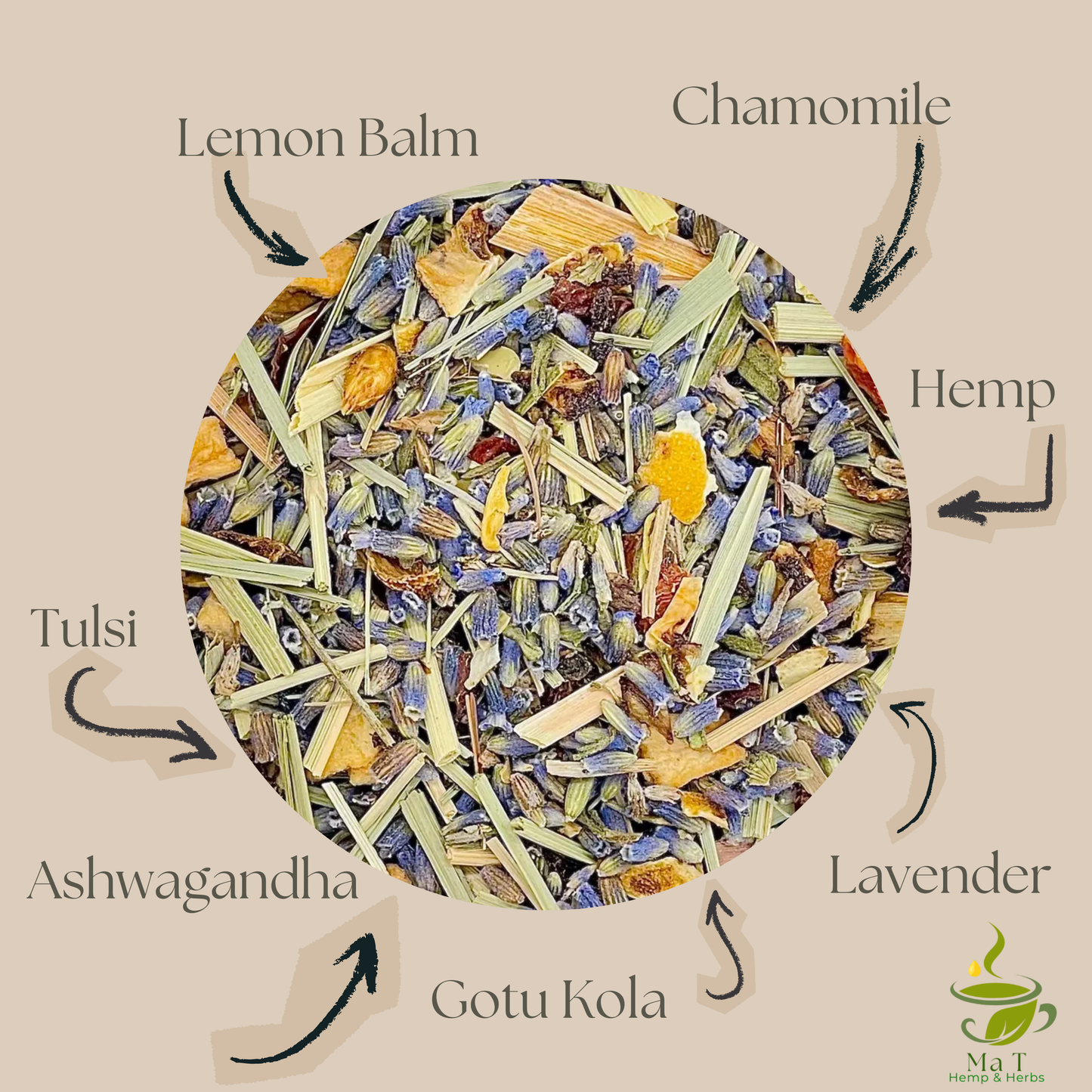 Quiet Calm hemp tea with chamomile and lavender, crafted for gentle elevation, relaxed nerves, and a smooth, calming drift, tweaking