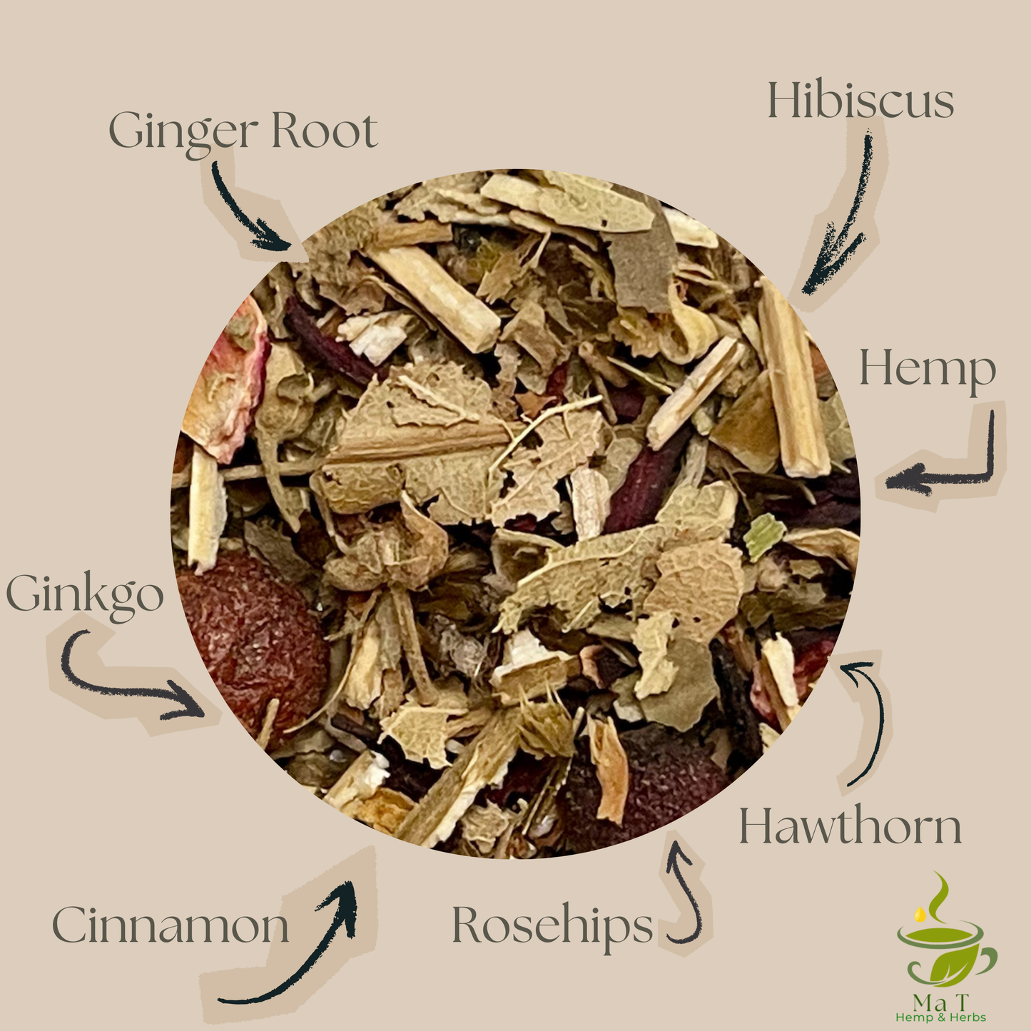 Heart Harmony hemp tea blend with hawthorn and hibiscus, crafted for smooth sips, gentle elevation, and calming