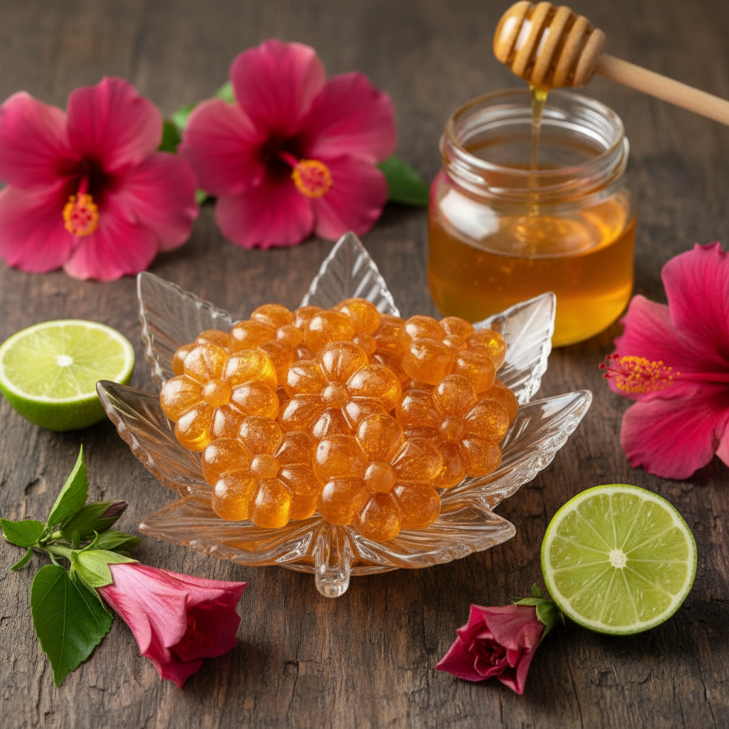 Hibiscus flowers, lime, and honey with Buzz Drops